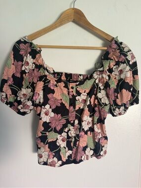 Who What Wear Floral Off-Shoulder Puff Sleeve Top - Black with Pink & Green